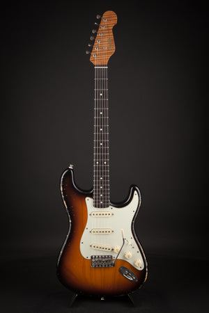 Smitty Guitars: Classic S Light Relic - 3-Tone Sunburst with Mastergrade Roasted Flame Maple Neck