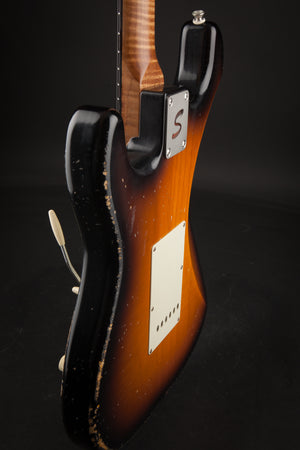 Smitty Guitars: Classic S Light Relic - 3-Tone Sunburst with Mastergrade Roasted Flame Maple Neck