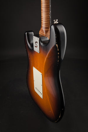 Smitty Guitars: Classic S Light Relic - 3-Tone Sunburst with Mastergrade Roasted Flame Maple Neck