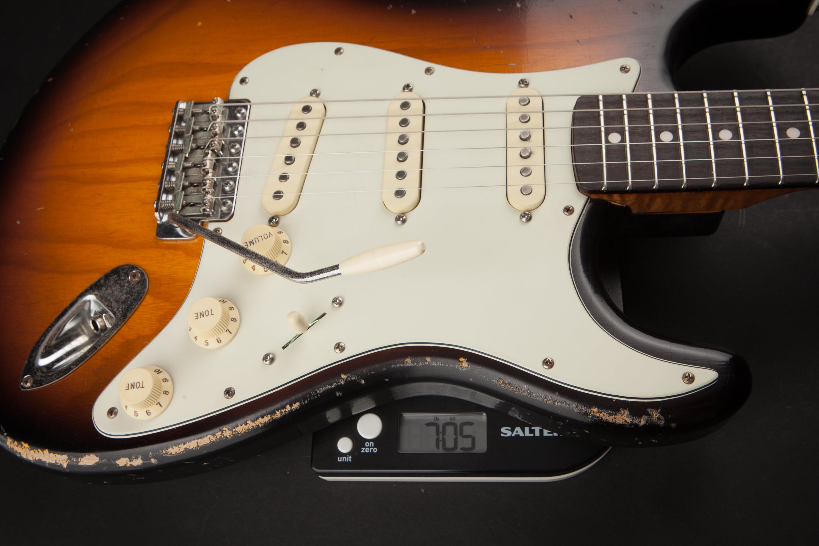 Smitty Guitars: Classic S Light Relic - 3-Tone Sunburst with Mastergrade Roasted Flame Maple Neck