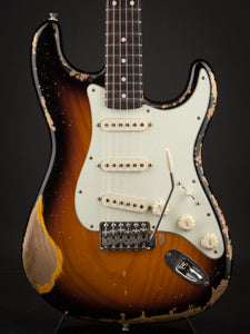 Smitty Guitars: Classic S Heavy Relic - 3-Tone Sunburst with 1 Piece Swamp Ash Body and Mastergrade Roasted Flame Maple Neck