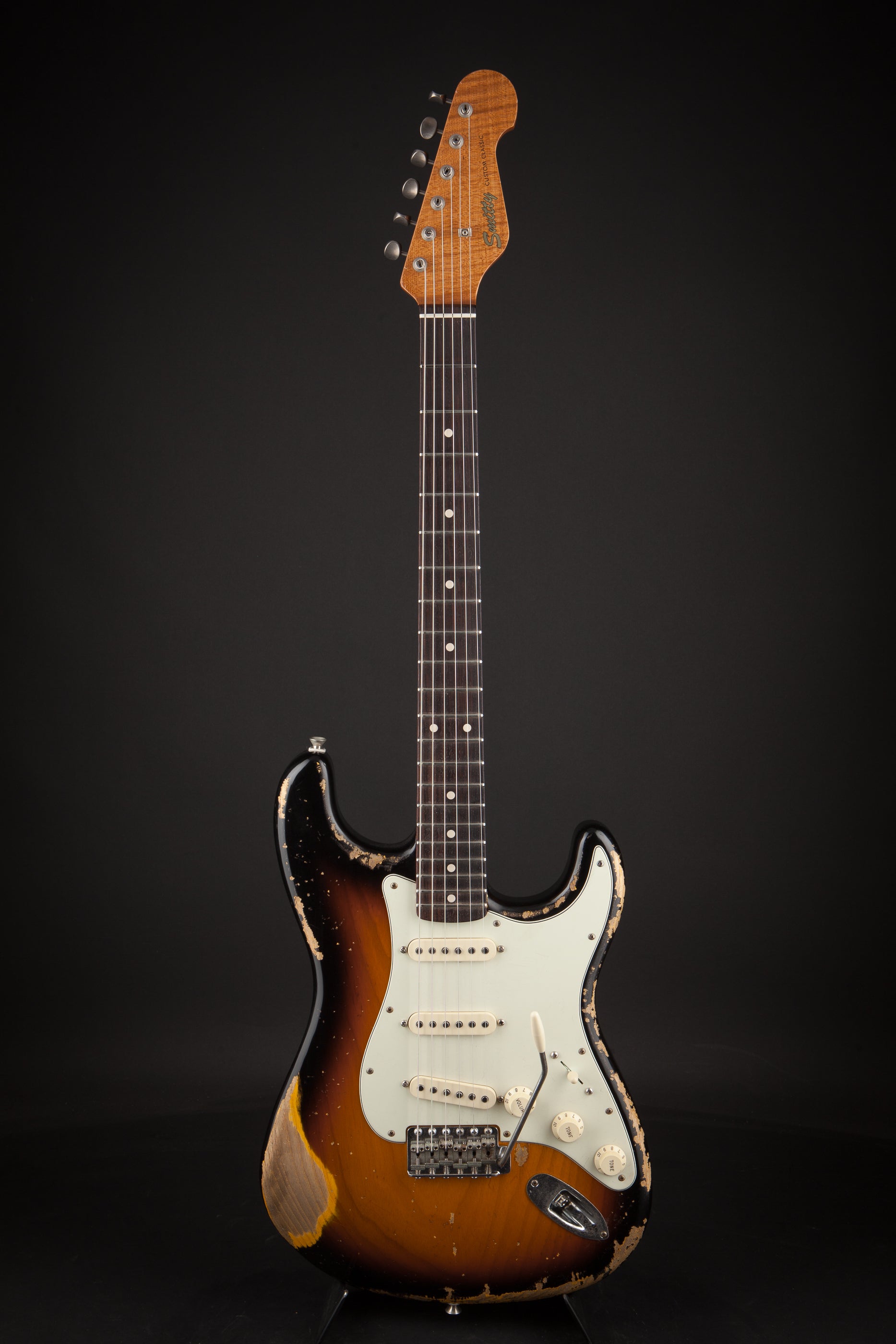 Smitty Guitars: Classic S Heavy Relic - 3-Tone Sunburst with 1 Piece Swamp Ash Body and Mastergrade Roasted Flame Maple Neck