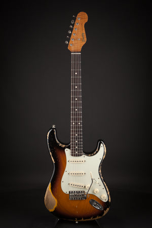 Smitty Guitars: Classic S Heavy Relic - 3-Tone Sunburst with 1 Piece Swamp Ash Body and Mastergrade Roasted Flame Maple Neck