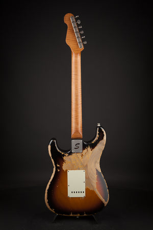 Smitty Guitars: Classic S Heavy Relic - 3-Tone Sunburst with 1 Piece Swamp Ash Body and Mastergrade Roasted Flame Maple Neck
