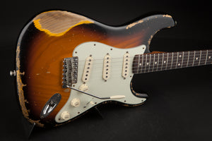 Smitty Guitars: Classic S Heavy Relic - 3-Tone Sunburst with 1 Piece Swamp Ash Body and Mastergrade Roasted Flame Maple Neck