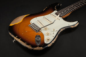 Smitty Guitars: Classic S Heavy Relic - 3-Tone Sunburst with 1 Piece Swamp Ash Body and Mastergrade Roasted Flame Maple Neck