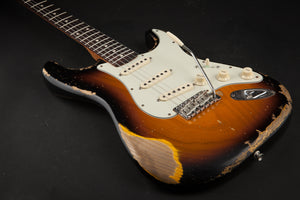 Smitty Guitars: Classic S Heavy Relic - 3-Tone Sunburst with 1 Piece Swamp Ash Body and Mastergrade Roasted Flame Maple Neck