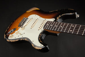 Smitty Guitars: Classic S Heavy Relic - 3-Tone Sunburst with 1 Piece Swamp Ash Body and Mastergrade Roasted Flame Maple Neck