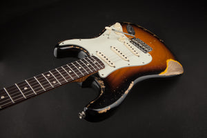 Smitty Guitars: Classic S Heavy Relic - 3-Tone Sunburst with 1 Piece Swamp Ash Body and Mastergrade Roasted Flame Maple Neck