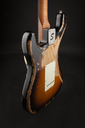 Smitty Guitars: Classic S Heavy Relic - 3-Tone Sunburst with 1 Piece Swamp Ash Body and Mastergrade Roasted Flame Maple Neck