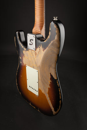 Smitty Guitars: Classic S Heavy Relic - 3-Tone Sunburst with 1 Piece Swamp Ash Body and Mastergrade Roasted Flame Maple Neck