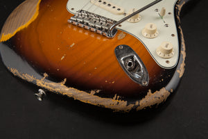 Smitty Guitars: Classic S Heavy Relic - 3-Tone Sunburst with 1 Piece Swamp Ash Body and Mastergrade Roasted Flame Maple Neck