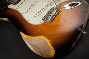 Smitty Guitars: Classic S Heavy Relic - 3-Tone Sunburst with 1 Piece Swamp Ash Body and Mastergrade Roasted Flame Maple Neck