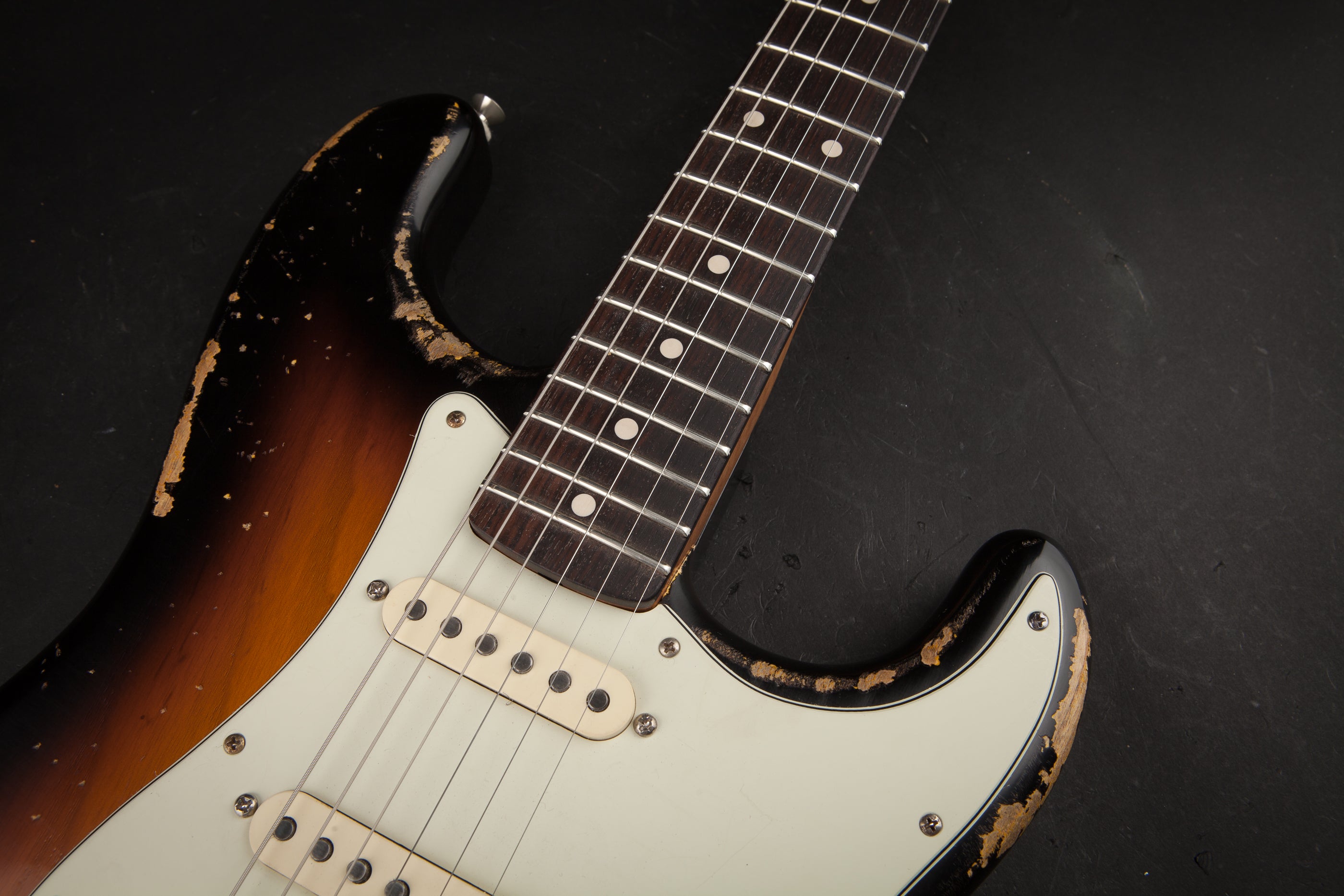 Smitty Guitars: Classic S Heavy Relic - 3-Tone Sunburst with 1 Piece Swamp Ash Body and Mastergrade Roasted Flame Maple Neck