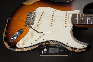 Smitty Guitars: Classic S Heavy Relic - 3-Tone Sunburst with 1 Piece Swamp Ash Body and Mastergrade Roasted Flame Maple Neck
