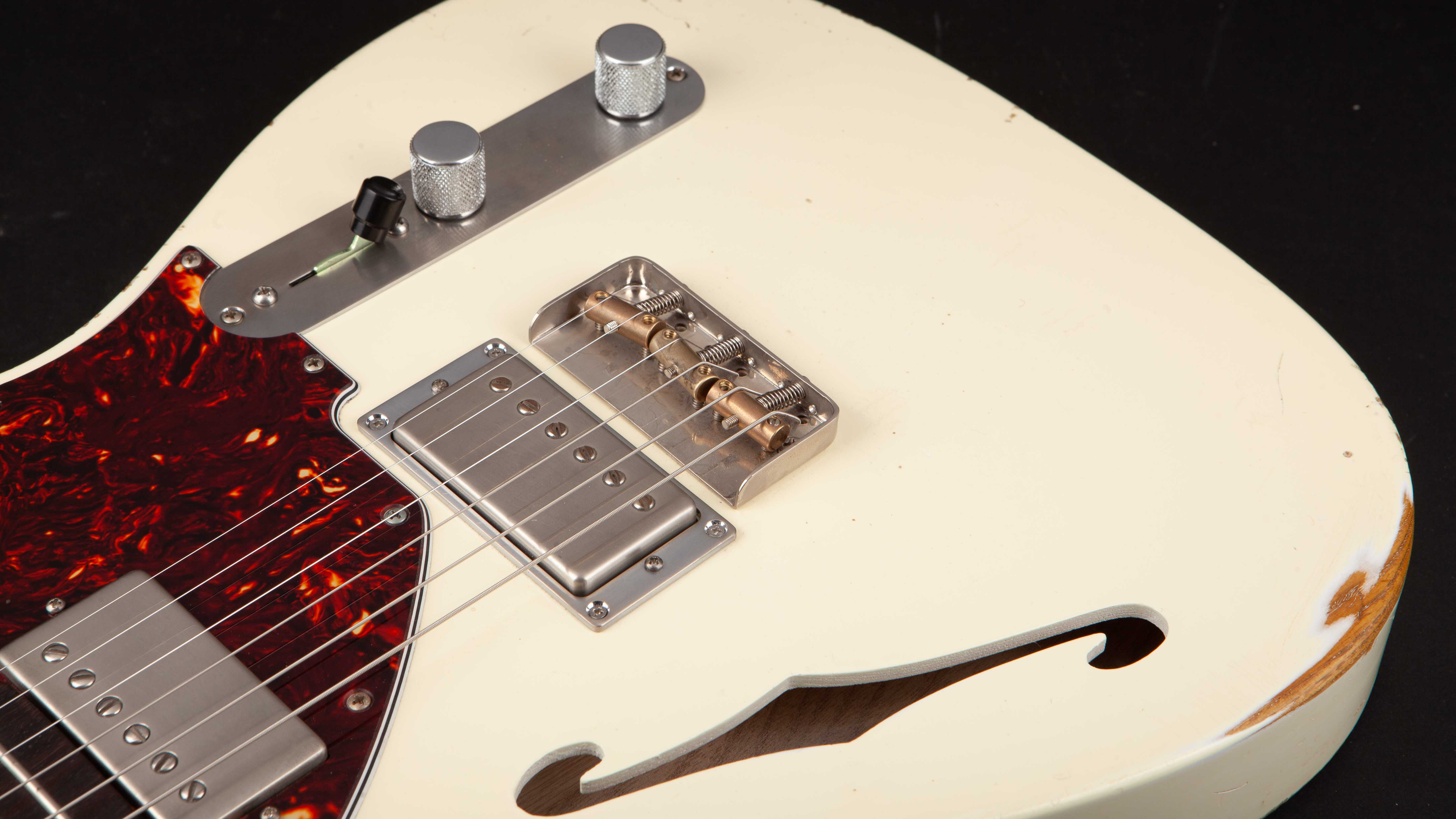 Smitty Guitars: T Style Thinline Olympic White with Mastergrade Roasted Flame Maple Neck